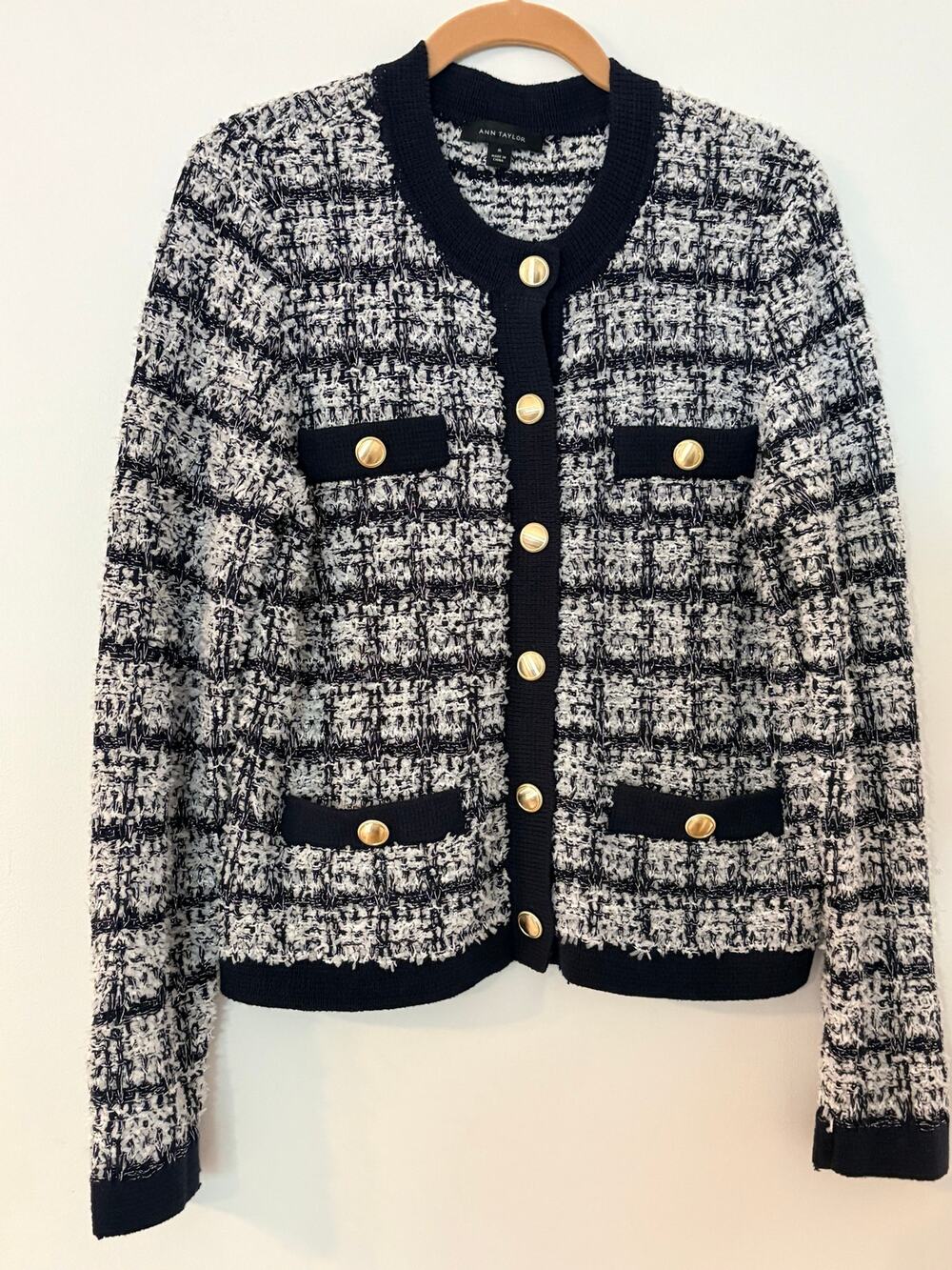 Ann Taylor Tweed Cardigan Medium Black White Gold Buttons Lady Jacket